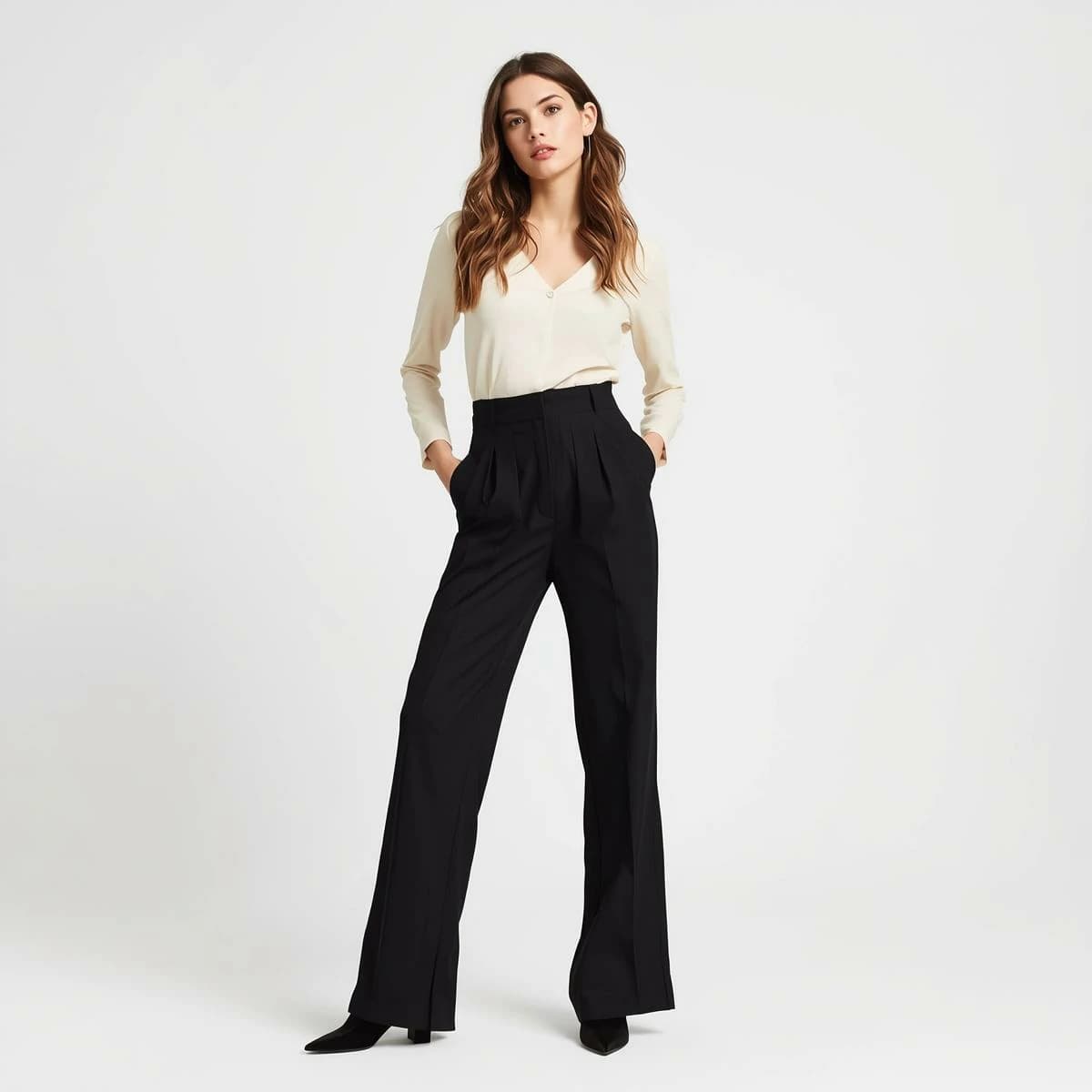 Women's High-Waisted Pleated Trousers (Charcoal Black)