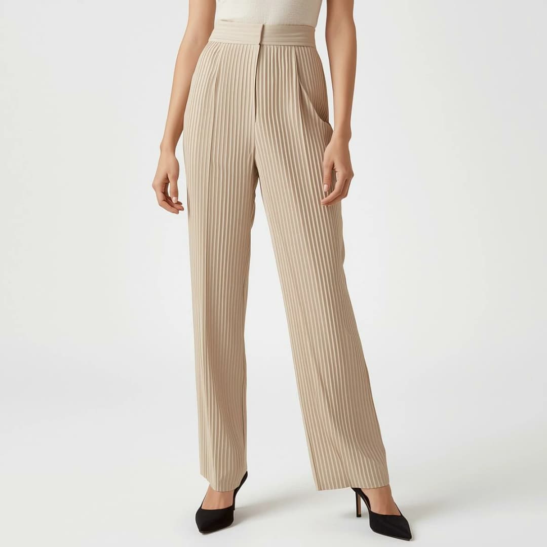 Women's High-Waisted Pleated Trousers (Sand Beige)