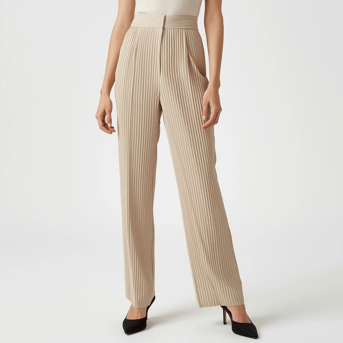 Women's High-Waisted Pleated Trousers (Sand Beige)