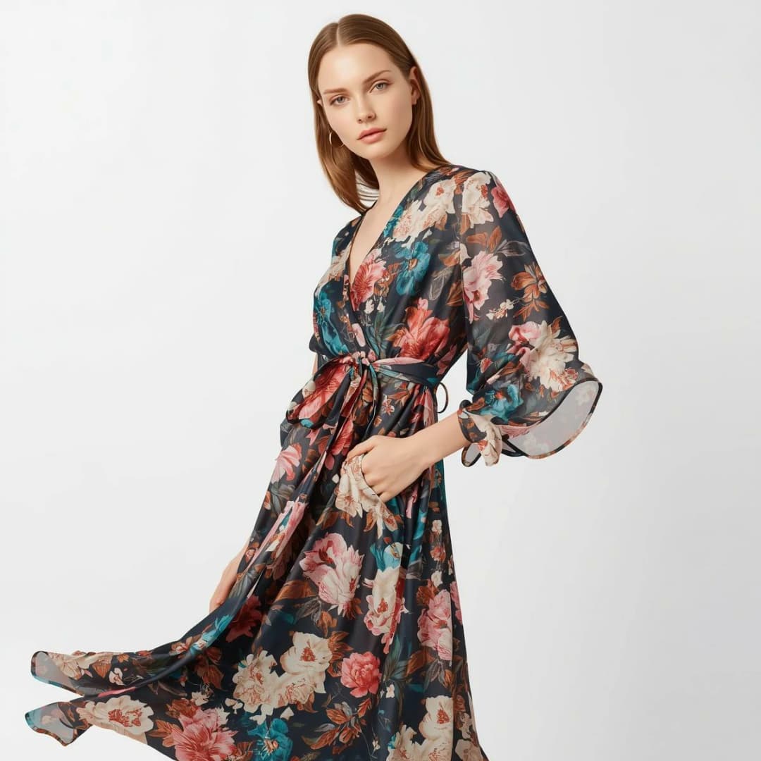 Women's Floral Silk Wrap Dress (Rose Bloom Edition)