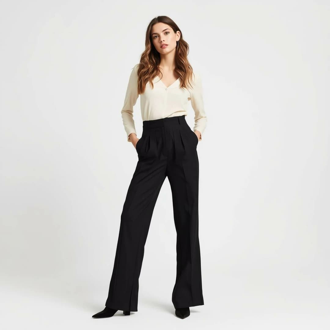 Women's High-Waisted Pleated Trousers (Charcoal Black)