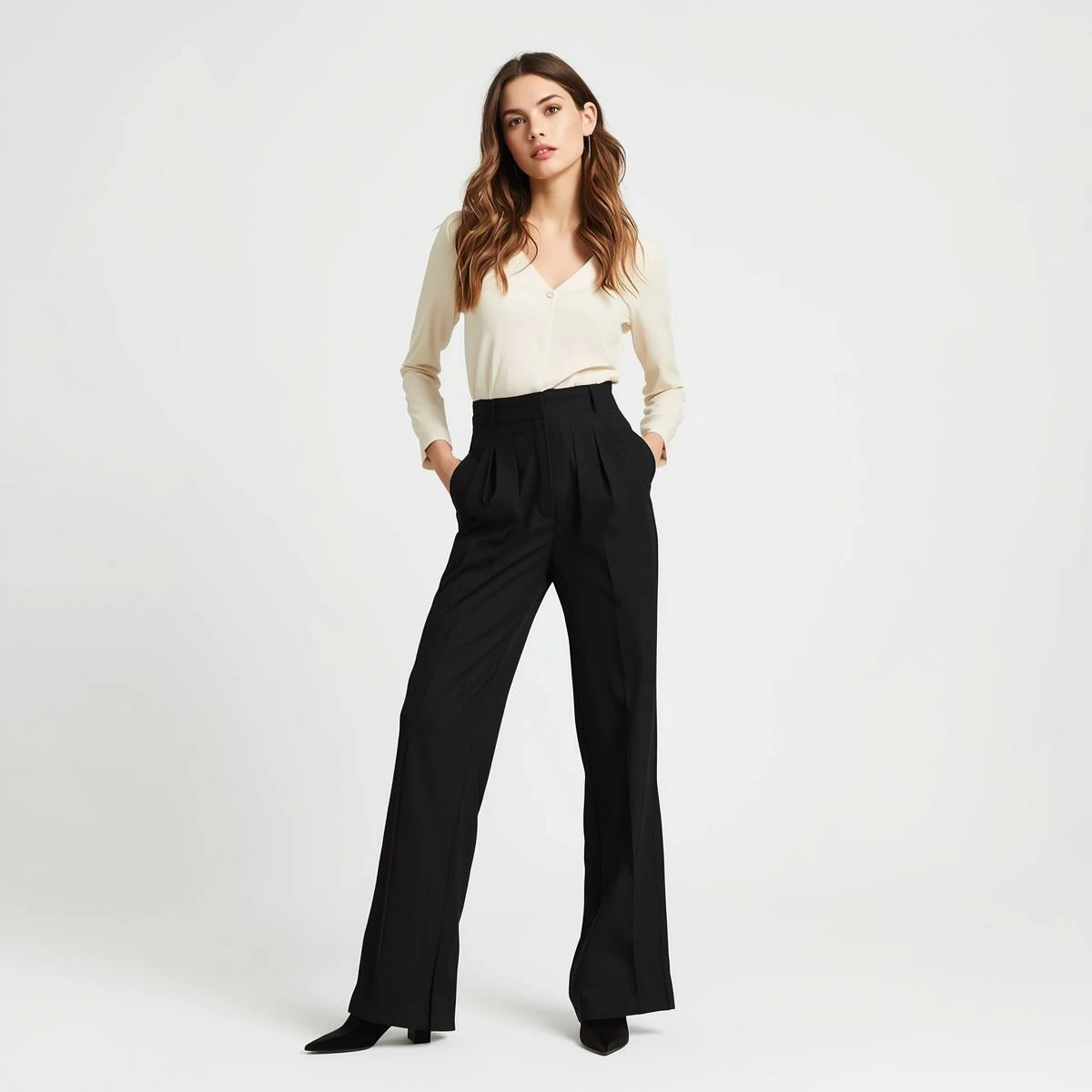 Women's High-Waisted Pleated Trousers (Charcoal Black)