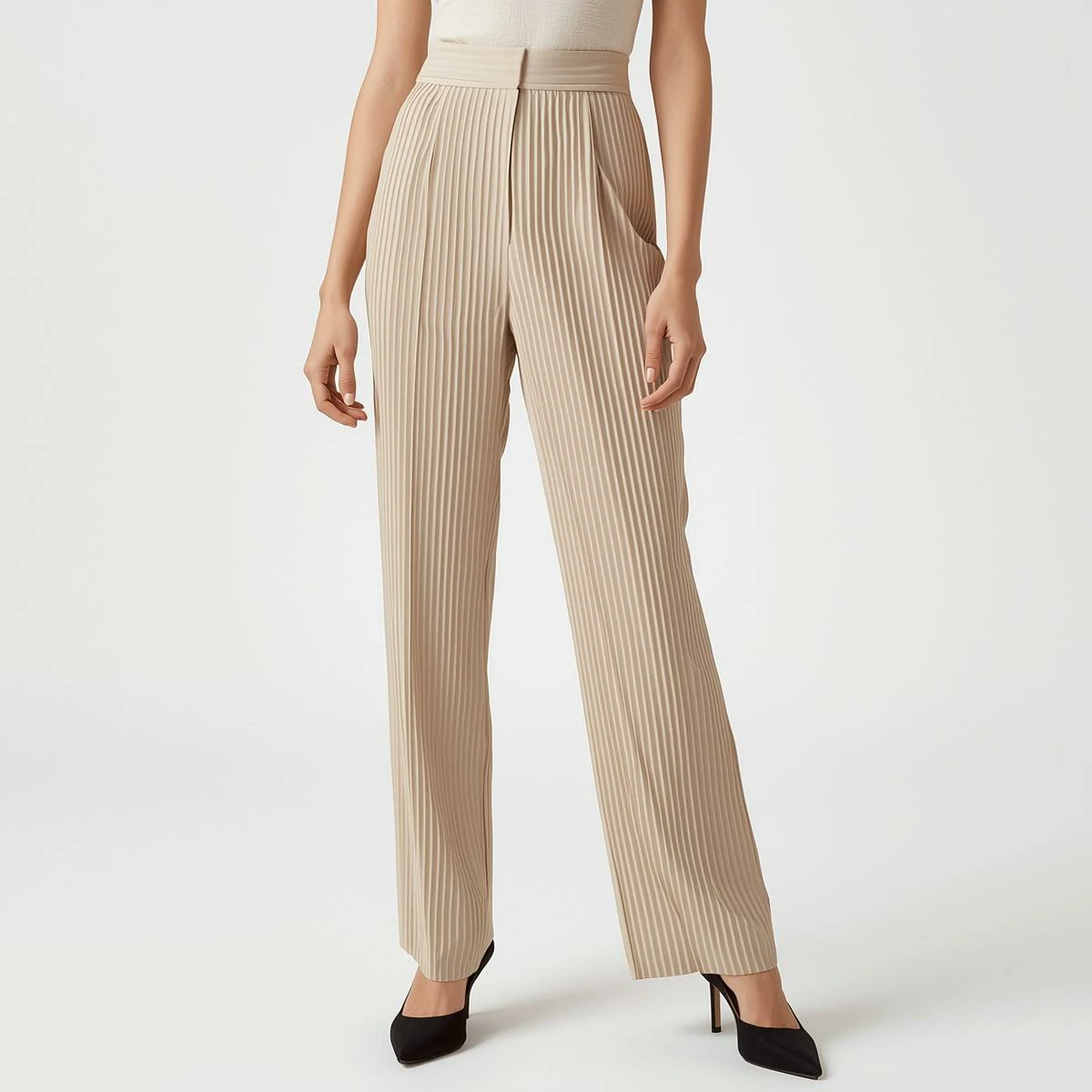 Women's High-Waisted Pleated Trousers (Sand Beige)